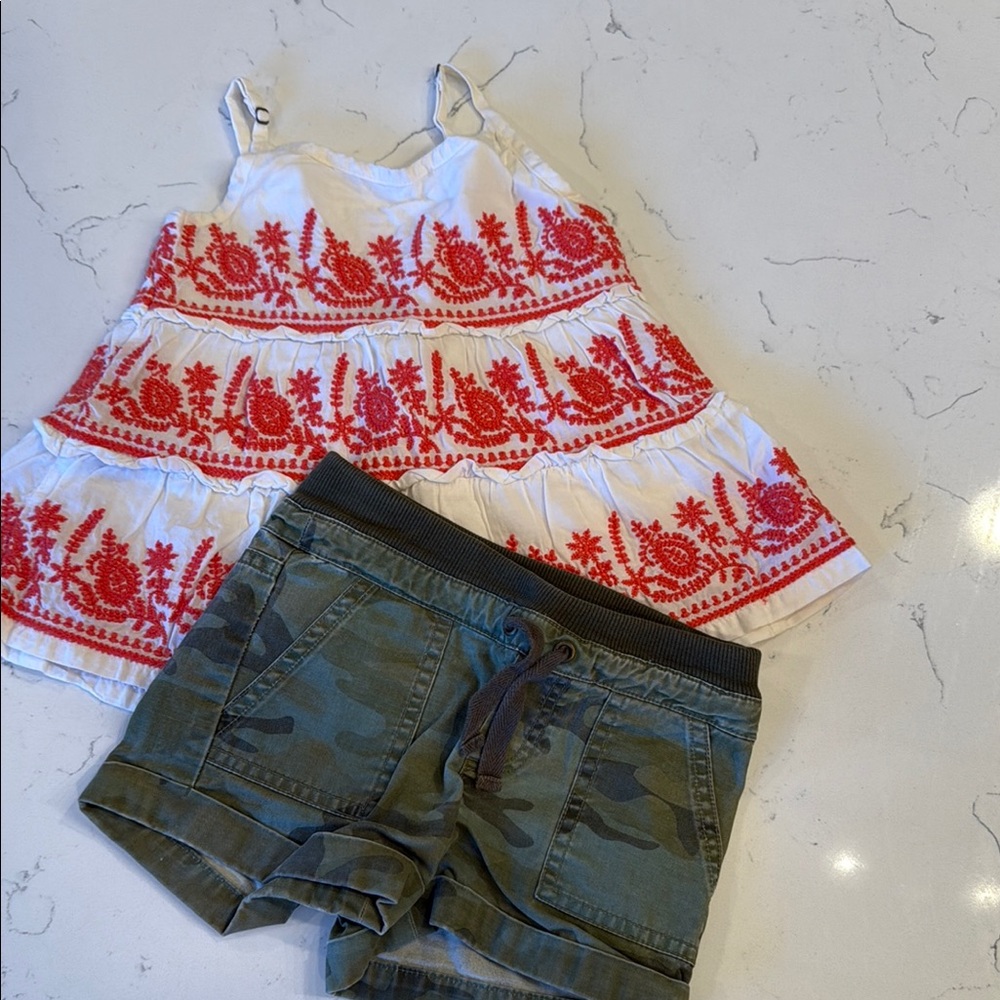 PEEK . White and Red Embroidered Top with Green Camo Shorts